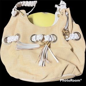 Authentic Michael Kors leather & straw weave gold accents